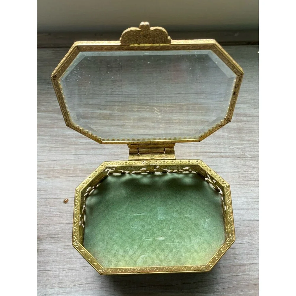 French 1920s filigree  brass & glass casket Ormolu gilt jewelry box EXCELLENT!